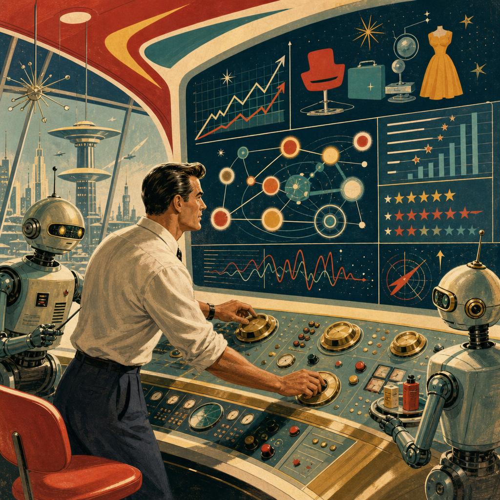 1950s-style control room with a merchant reviewing product and shopping signals alongside robots