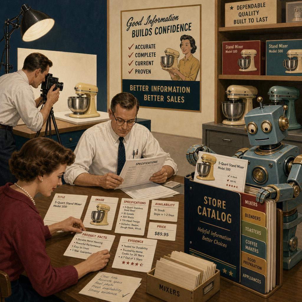 Illustrated mid-century product studio where a team checks product titles, specifications, images, price, availability, and evidence