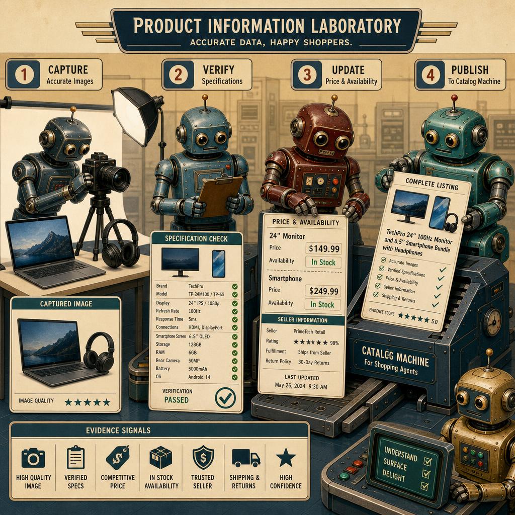 Retro-futurist robot workshop illustrating the steps of checking product imagery, specifications, price, availability, and store information